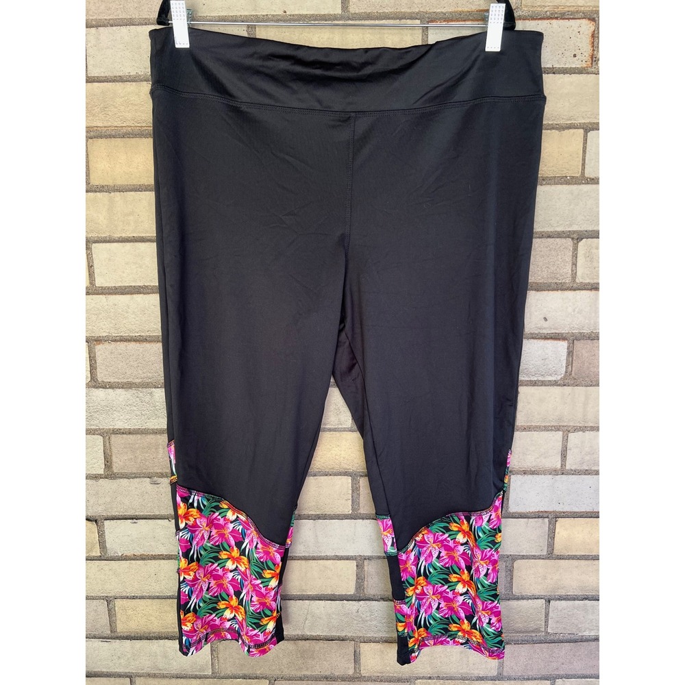 Zone Pro Black Floral Tropical Print Cropped Athletic Leggings Pants Size 2X